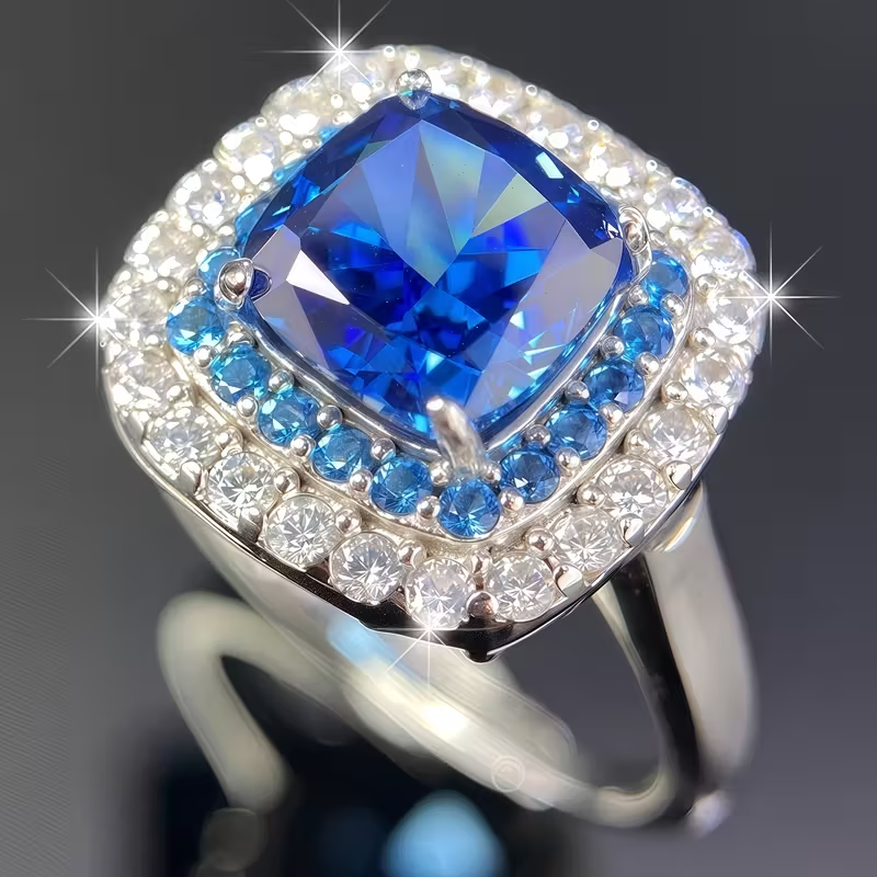 925 Sterling Silvery Precision-Cut Square Synthetic Blue Synthetic Zirconia Ring, 3.9g