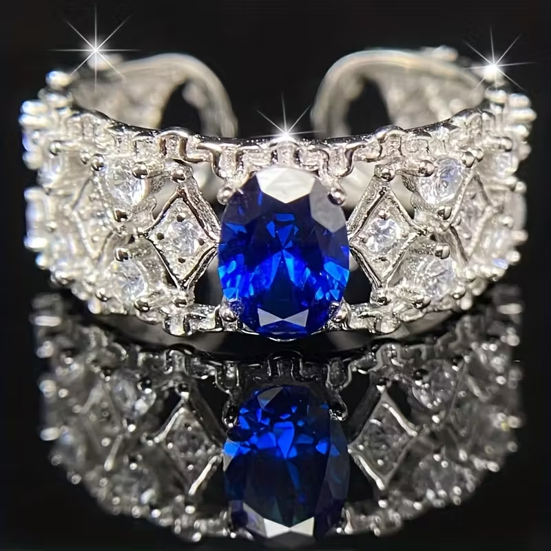 925 Sterling Silvery Shimmering Luxury 6*8mm Deep Blue Ring
