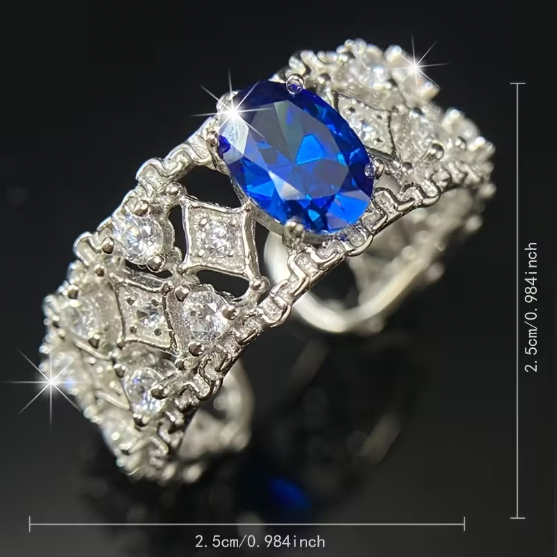 925 Sterling Silvery Shimmering Luxury 6*8mm Deep Blue Ring