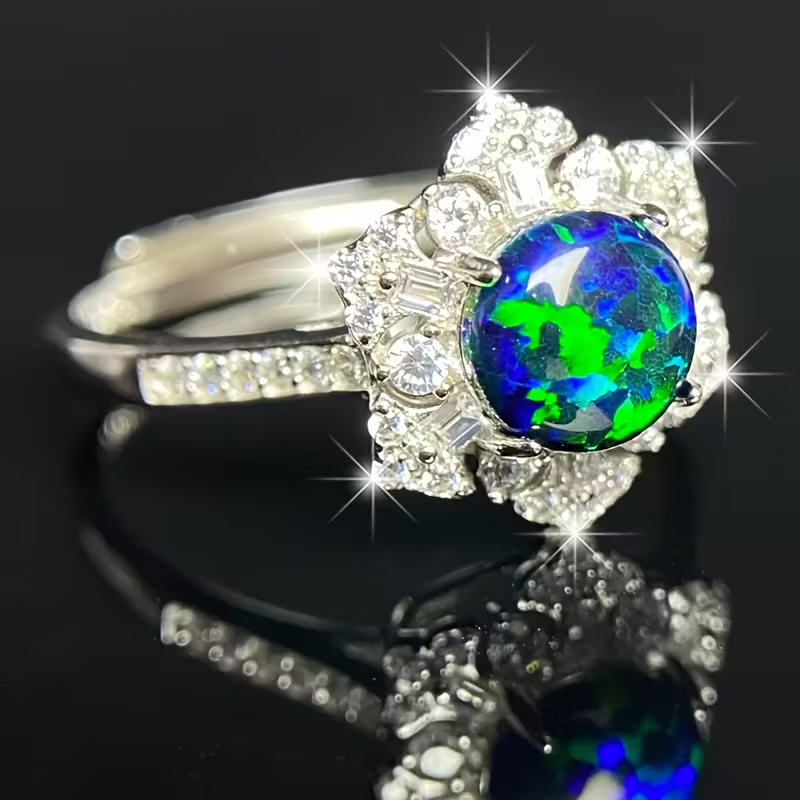 Six-Star 925 Sterling Silvery Geometric Black Opal Adjustable Ring