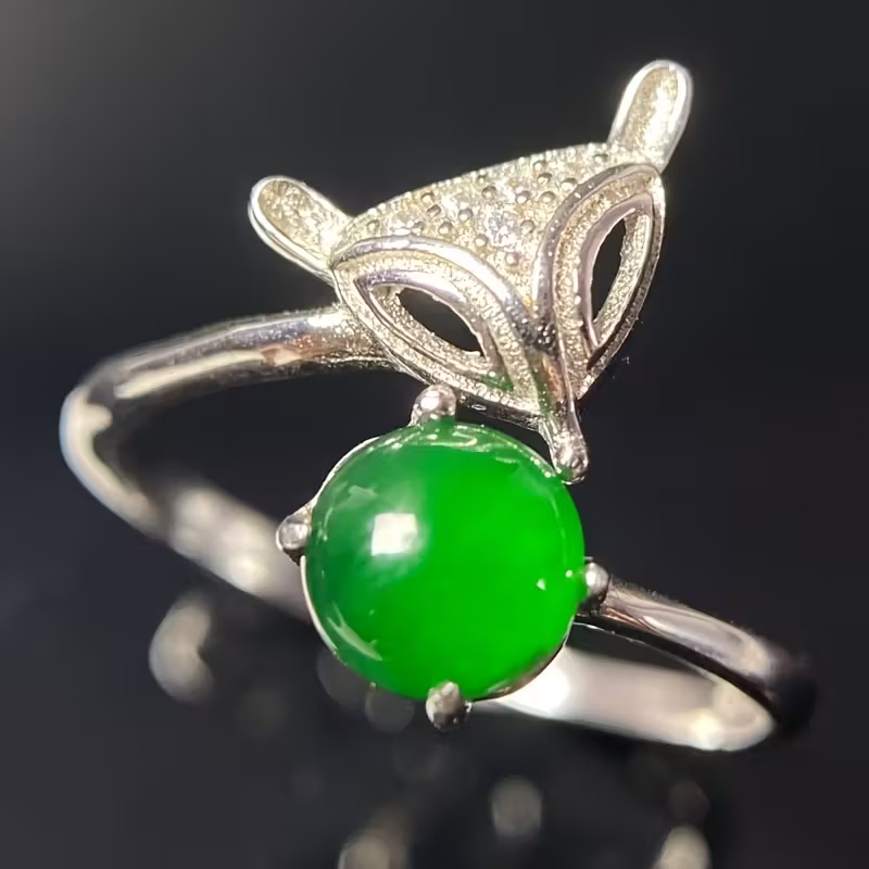 1pc 925 Sterling Silvery Fox Ring with Green Natural Stone