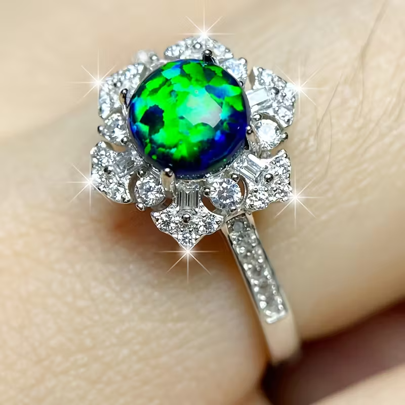Six-Star 925 Sterling Silvery Geometric Black Opal Adjustable Ring