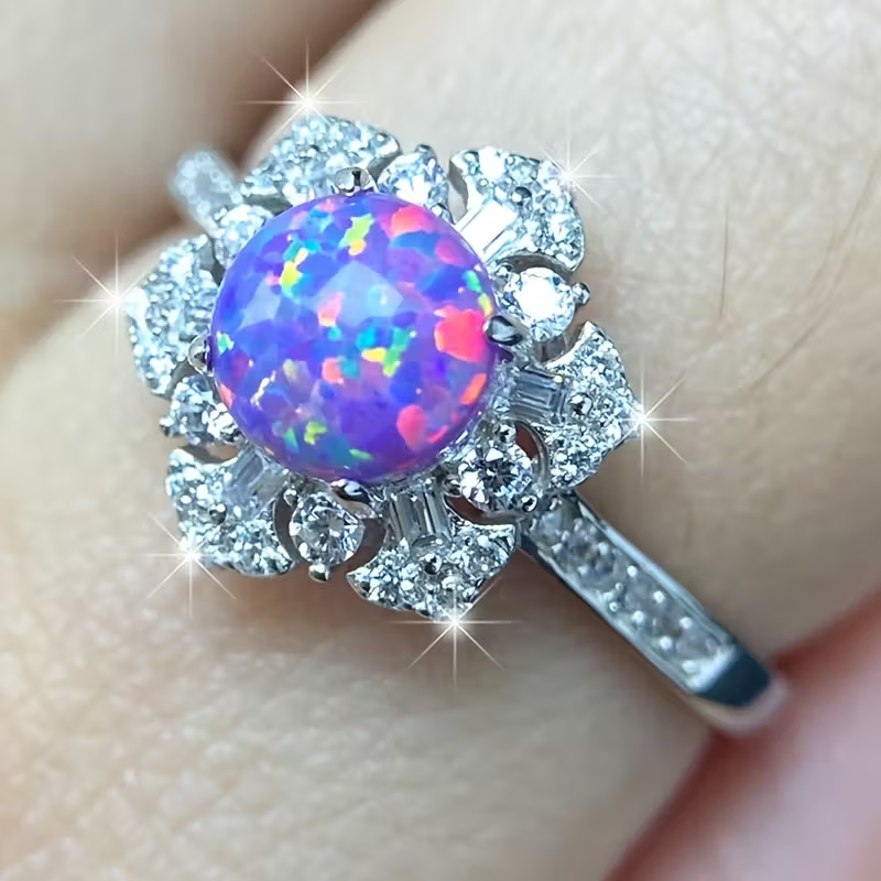 Exquisite 925 Silvery Round Cut Purple Opal Six-Pointed Star Ring