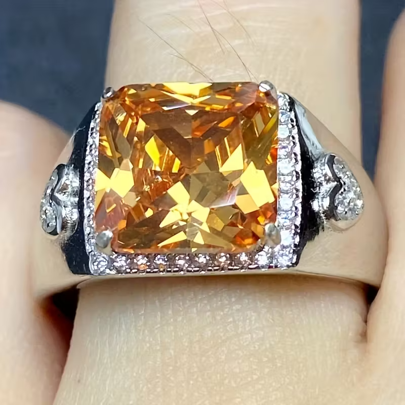 sparkling 6g S925 sterling Silvery champagne-colored synthetic square Synthetic Zirconia Men's ring