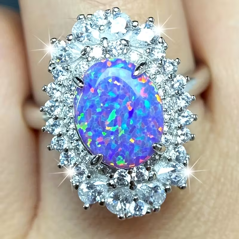 925 Silver Inlaid 8*10mm Purple Opal Ring