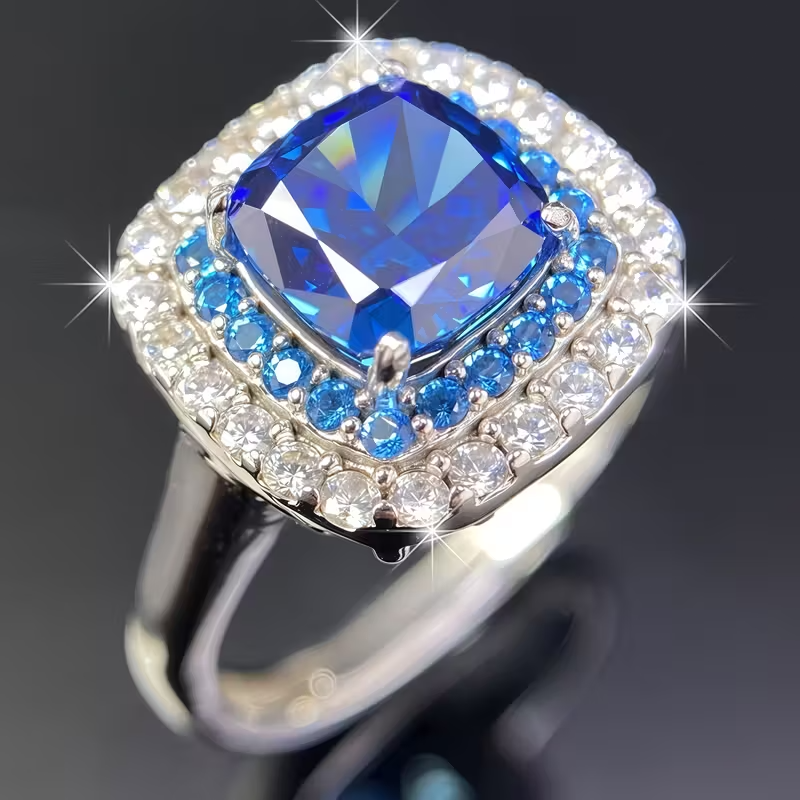 925 Sterling Silvery Precision-Cut Square Synthetic Blue Synthetic Zirconia Ring, 3.9g