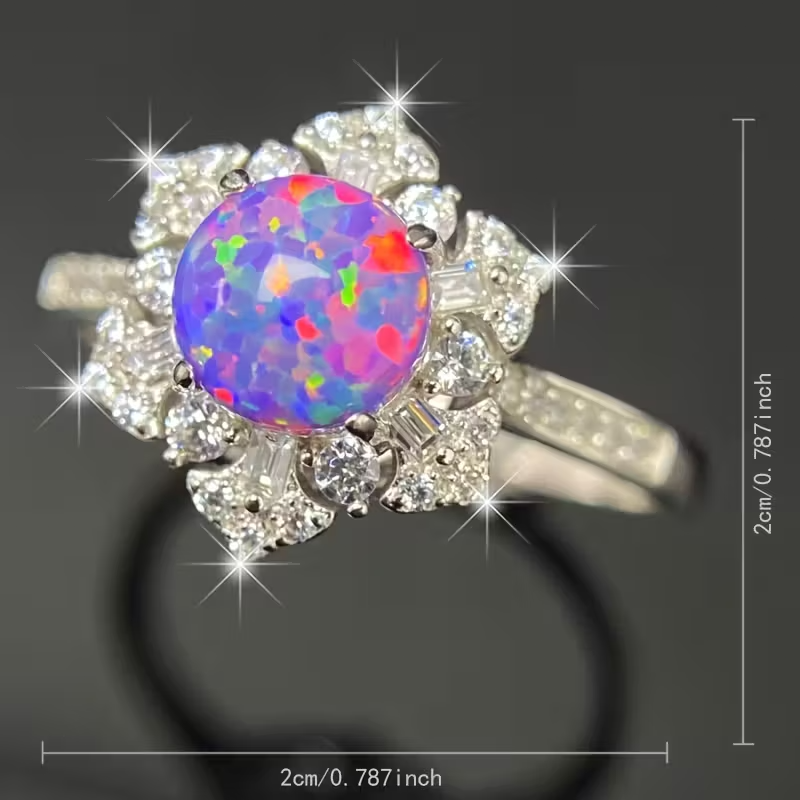 Exquisite 925 Silvery Round Cut Purple Opal Six-Pointed Star Ring