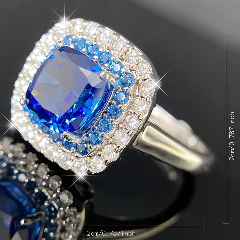 925 Sterling Silvery Precision-Cut Square Synthetic Blue Synthetic Zirconia Ring, 3.9g